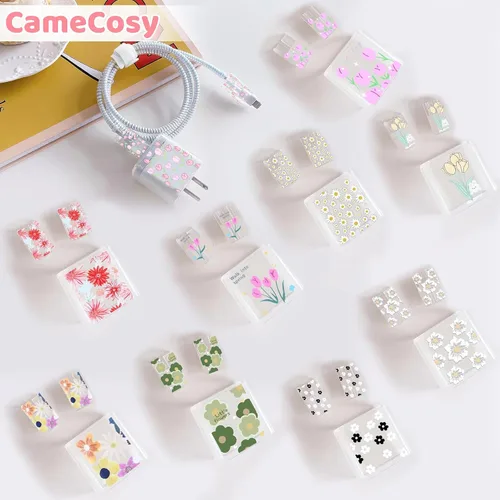 Vista 7 de Lindo protector de cable para cargador adaptador de iPhone, diseño de flores de crisantemo rojo, cable de datos de TPU suave, funda USB-C
