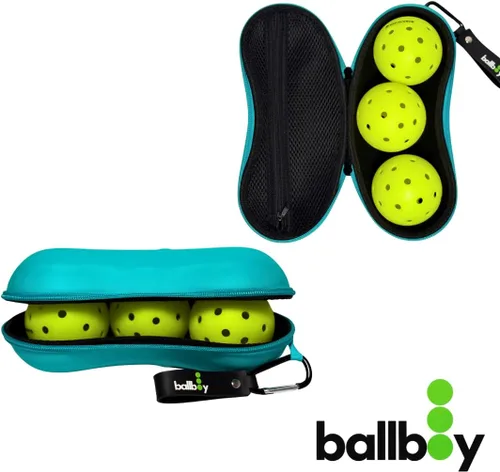 Vista 2 de Soporte para pelotas de pickleball - Se engancha a la cerca o bolsa, tiene capacidad para 3 bolas, bolsillo con cremallera para accesorios