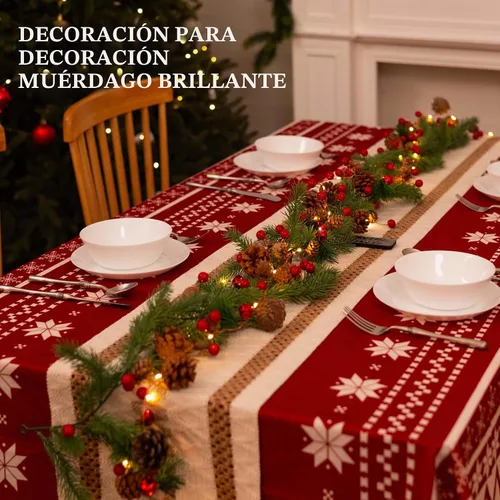 Vista 8 de Guirnalda de Navidad con luces, 6.7 pies, 20 luces LED de piña, funciona con pilas, guirnalda de Navidad con bayas rojas, guirnalda de luces