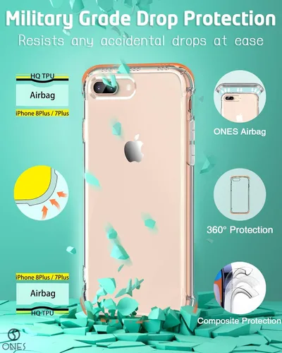 Vista 7 de ONES Funda transparente para iPhone 8 Plus/7 Plus, funda delgada de silicona TPU suave, funda protectora militar contra caídas para teléfono