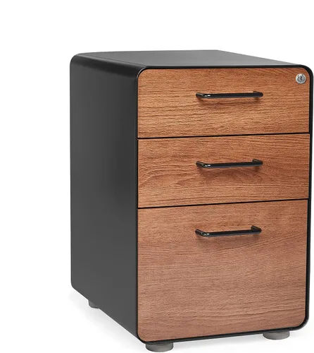 Vista 3 de Poppin Archivador de 3 cajones, color negro + nogal, 2 cajones utilitarios y 1 cajón para colgar, totalmente pintado por dentro y por fuera, acero
