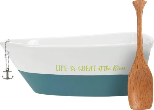 Vista 7 de Pavilion - La vida es genial en la playa - Servidor de plato de barco de gres de 12 onzas con cuchara de remo de madera