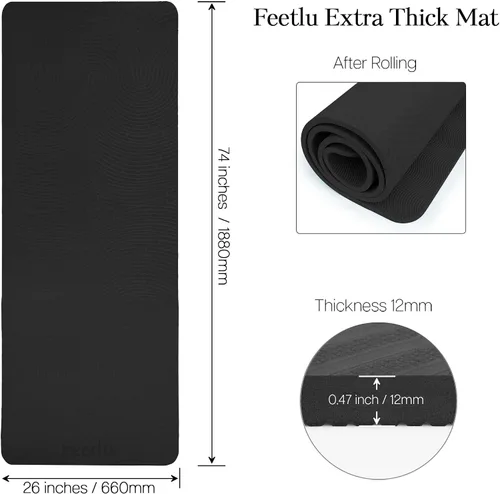 Vista 2 de Extra Thick 12mm Exercise Mat – 74"L x 26"W Inch, Non-Slip, Joint-Friendly & Cushioned Fitness Mat for Yoga, Pilates & Floor Workouts – Durable