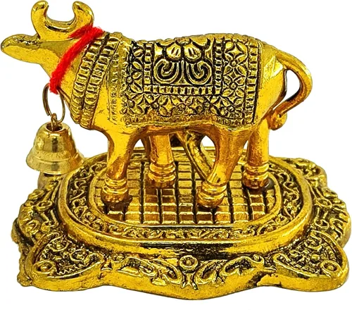 Vista 5 de NOBILITY Artículos de Pooja Regalo de Diwali Estatua de Metal de Vaca Kamdhenu Dorada Pequeña con Becerro Pieza Decorativa Muestra para Decoración