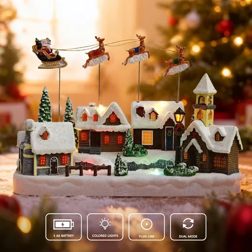 Vista 3 de Aldea de Navidad, coloridas escenas animadas con trineo de renos de Papá Noel, casas musicales de pueblo navideño, edificio coleccionable