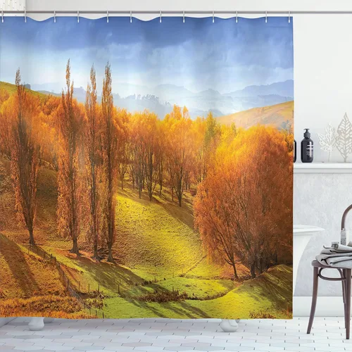 Vista 157 de Ambesonne Cortina de ducha de gaviotas, cielo nublado y gaviota voladora, imagen de meteorología de paisaje nublado, juego de decoración de baño