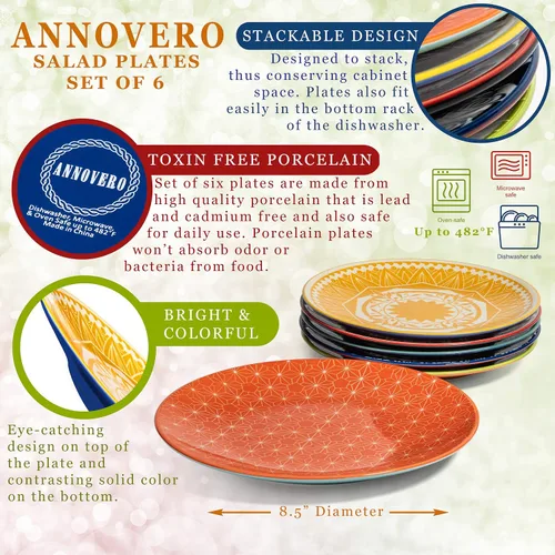 Vista 6 de Annovero Platos de ensalada, cuencos de postre Platos de cocina para comer Apto para horno microondas Vajilla de porcelana colorida