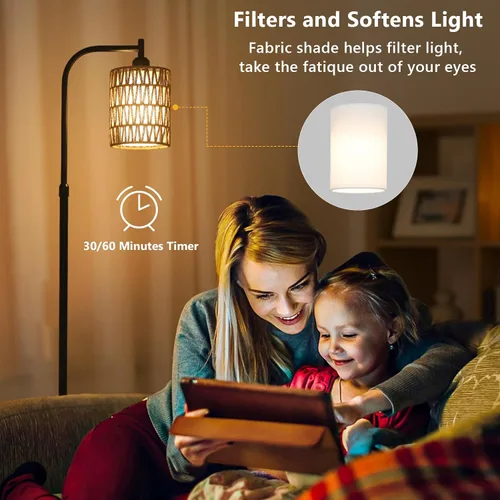 Vista 11 de LAMSU Lámpara de pie con control remoto, lámpara de pie de ratán regulable con bombilla LED, lámpara de poste alto industrial negra con pantallas