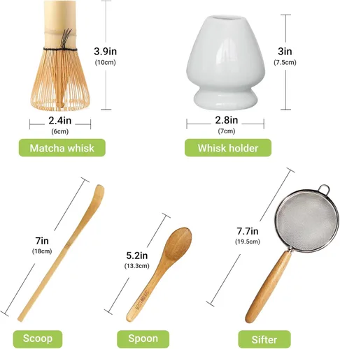 Vista 4 de SHONMISEN Juego de Batidor de Bambú Matcha - Batidor de Matcha (Chasen), Soporte para Batidor (Blanco), Colador, Cuchara para Té y Cuchara de Té