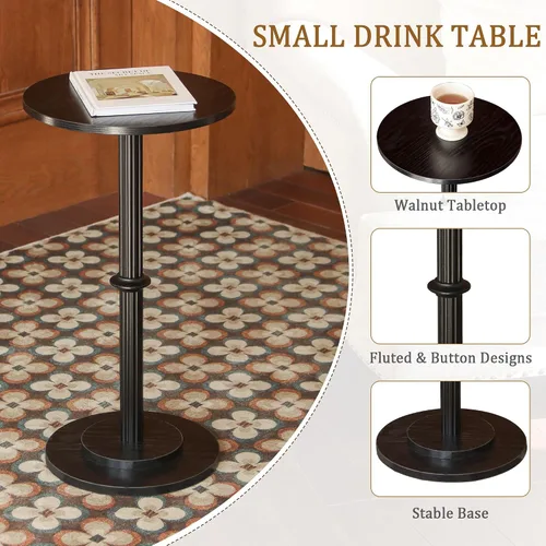 Vista 4 de MaxSmeo Mesa para Bebidas, Mesa Lateral Pequeña para Espacios Pequeños, Mesa Terminal Redonda Moderna con Pata de Madera Acanalada, Negro