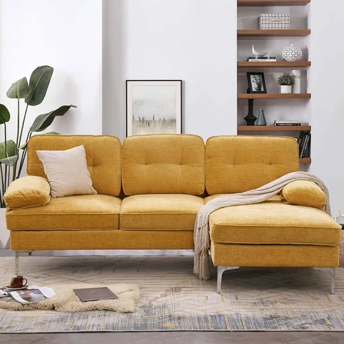 Vista 3 de Moderno sofá modular en forma de L de 85 pulgadas, felpilla con patas de hierro y diván, sofá modular de interior simple y elegante para sala
