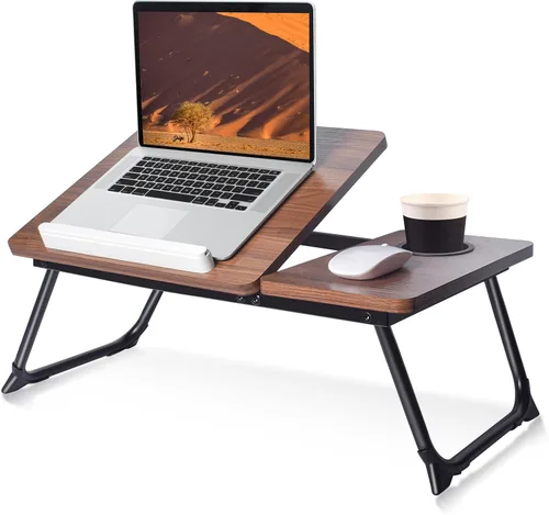 Vista 11 de Mesa de cama ajustable para laptop con soporte para libros, escritorio portátil de lectura con panel lateral, grano de madera