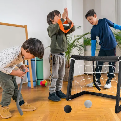 Vista 5 de Leyndo Juego de 2 juegos de mini hockey para niños, incluye 2 redes de hockey, 2 mini portería de hockey, 4 mini palos de hockey de plástico, 4