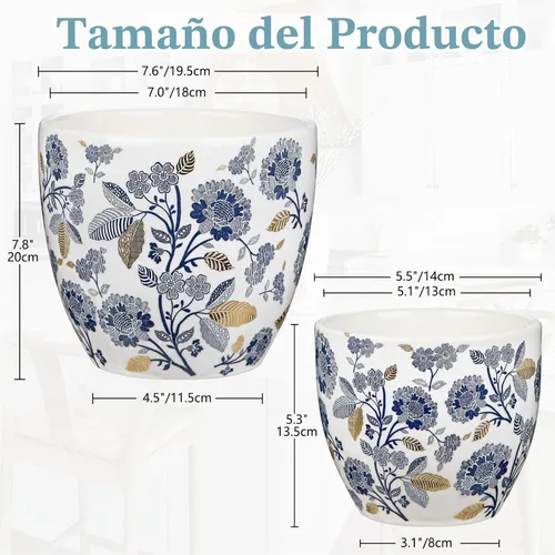 Vista 2 de Macetas decorativas azules y blancas, macetas de cerámica con acento dorado para plantas de interior, macetas con drenaje, maceta retro para floral