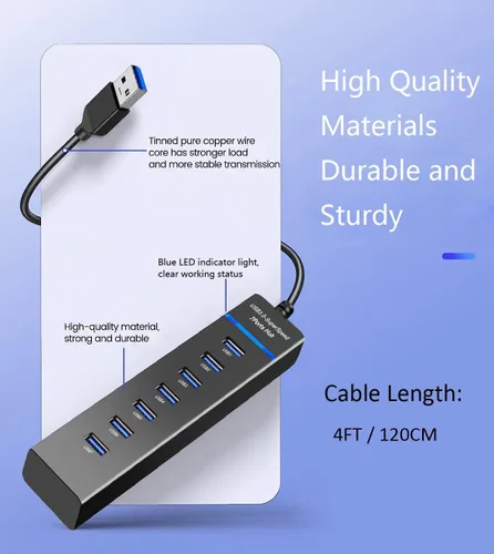 Vista 3 de Extensor divisor de concentrador USB 3.0 de 7 puertos, adaptador multipuerto de 5 Gbps SuperSpeed con cable para laptop, PC, MacBook, Mac Pro/Mini