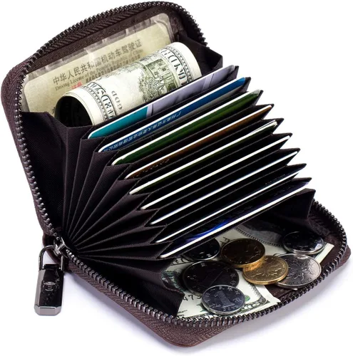 Vista 2 de BULLCAPTAIN Cartera de cuero genuino para hombre, tarjetero con cremallera para tarjetas de crédito, Marrón