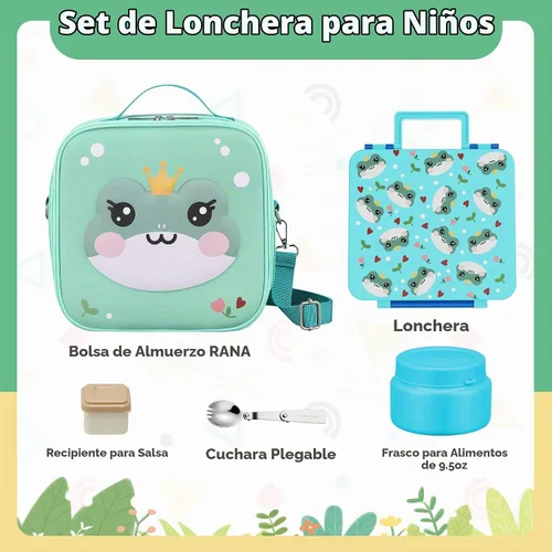 Vista 2 de Lonchera Bento para niños con termo de sopa de 9 onzas, recipientes de comida a prueba de fugas para niños con 4 compartimentos, bolsa de almuerzo