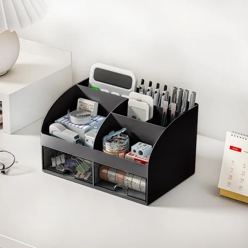 Vista 6 de Organizador de escritorio con 6 compartimentos y 2 cajones, organizador de maquillaje de plástico, soporte para bolígrafos para almacenamiento
