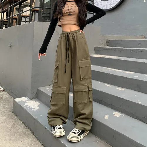 Vista 2 de Weierpidan Pantalones cargo para mujer, de cintura alta, estilo casual, con 10 bolsillos, ajuste relajado