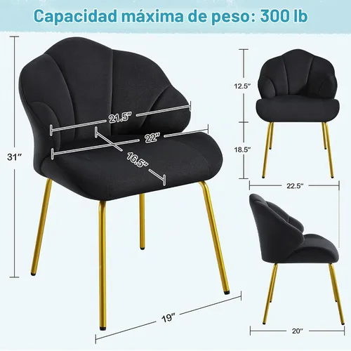 Vista 3 de Yaheetech Silla de tocador, silla decorativa de terciopelo con respaldo en forma de concha, sillón moderno con patas de metal dorado para Negro