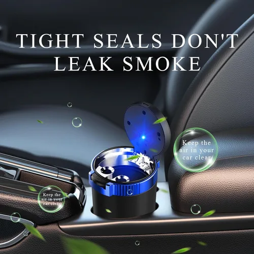 Vista 4 de Ohleats Cenicero de coche con tapa, cenicero desmontable de acero inoxidable con luz LED azul, cenicero portátil mini para vehículo, portavasos