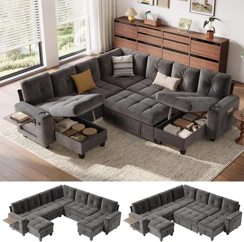 Vista 15 de LINSY HOME Modular Sectional Sofa Bed, Chenille Pull Out Couch 2 Seat Beige