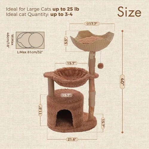 Vista 6 de PAWZ Road Árbol moderno para gatos con poste rascador de madera maciza natural, torre para gatos de 40 pulgadas con cesta de mimbre grande, hamaca