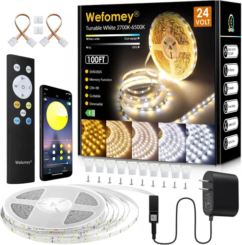 Vista 11 de Wefomey Tira de luces LED blancas, luz de cinta flexible regulable brillante de 24 V con control remoto y aplicación, fuente de alimentación