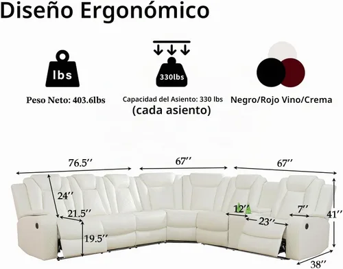 Vista 2 de Juego de sofá modular reclinable eléctrico para sala de estar, sofá modular reclinable de cuero con mesa auxiliar, soporte para tazas, consola