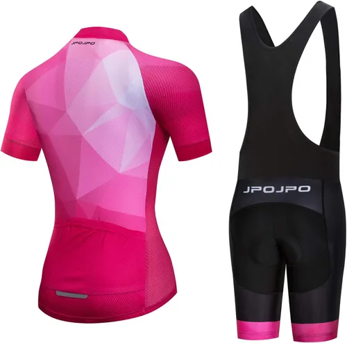 Vista 30 de Camiseta de ciclismo para mujer, manga corta y pantalones cortos de ciclismo acolchados para verano