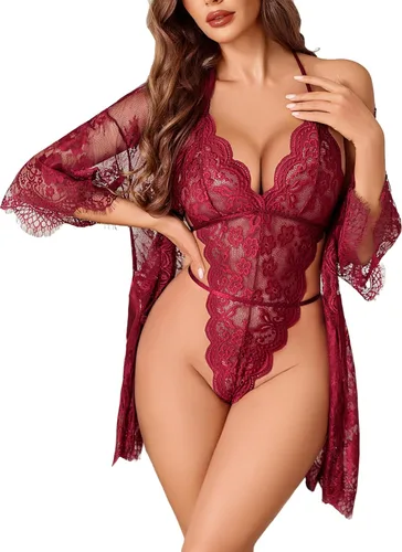 Vista 17 de Avidlove Conjunto de lencería de encaje de 2 piezas para mujer, kimono 1White