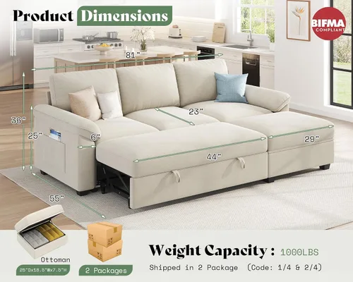 Vista 3 de VanAcc Sofá cama de 81 pulgadas, sofá cama con almacenamiento, sofá Beige