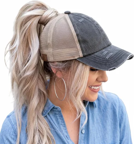 Vista 44 de Funky Junque - Sombrero de cola de caballo para mujer, gorra de béisbol con ajuste ajustable y cola de caballo alta cruzada para uso diario Paquete
