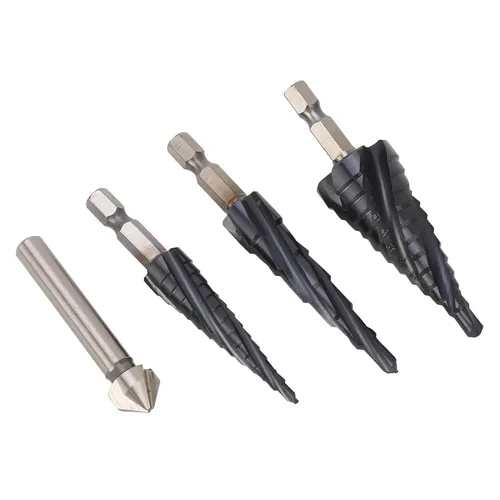 Vista 7 de M35 Cobalt Step Drill Bit Set, 4 Spiral Flute Step Bits with 1/4 Inch Shank, Multi Functional Step Bit for Metal Wood Plastic, Includes 3 Step Bits