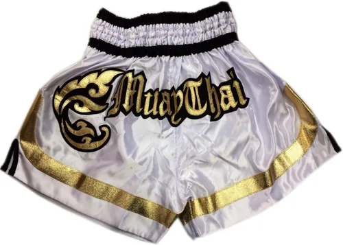 Vista 8 de MMA Boxeo Muay Thai Shorts en satén blanco negro oro corte letras