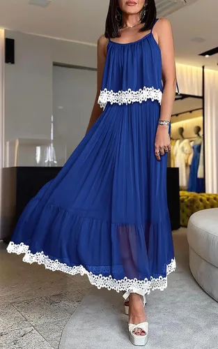 Vista 3 de NALANISA Vestido de verano bohemio para mujer, con lazo, tirantes delgados, acampanado, con volantes, para la playa