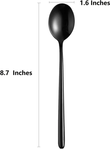 Vista 3 de Ouliget Cuchara de sopa negra de acero, cucharas grandes circulares de mango largo, cuchara de sopa coreana de mango largo, 8 piezas, 8.7 x 1.6