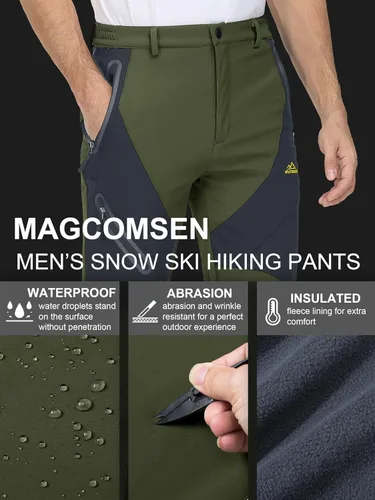 Vista 4 de MAGCOMSEN Pantalones de invierno para hombre, pantalones de nieve con forro polar, resistentes al agua, 4 bolsillos con cremallera, pantalones