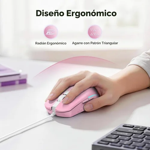 Vista 6 de TECKNET Ratón con cable con retroiluminación RGB, ratón de tamaño completo Rosa
