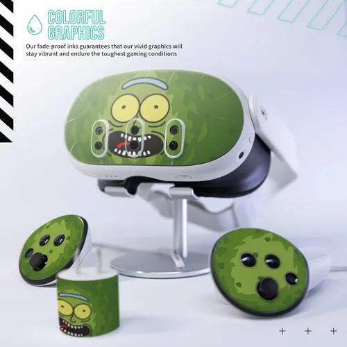Vista 2 de Kit de adhesivos para la piel fácil de aplicar compatible con Meta Quest 3 - Accesorios Green Pickle Prick VR - Cubierta protectora de realidad