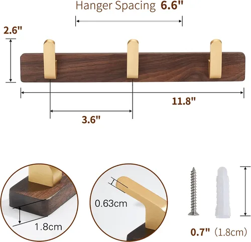 Vista 2 de Perchero montado en la pared, perchero colgante de entrada, riel para abrigos de metal y madera con 3 ganchos rústicos para abrigo, bufanda, bolsa