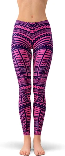 Vista 2 de Maori Tatuaje Leggings Tribal Polinesio Ta Moko Estampado Mediados Cintura Púrpura Pantalones