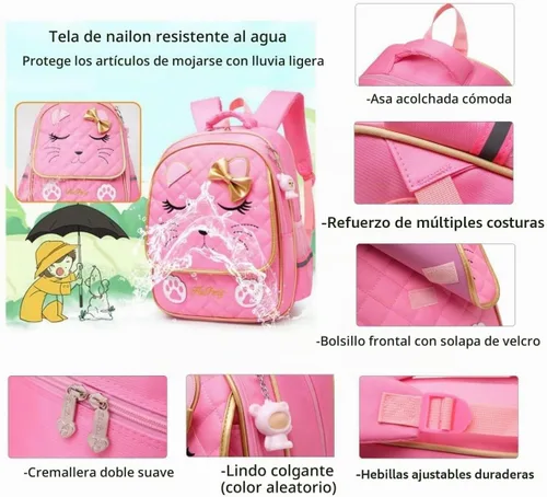 Vista 6 de MITOWERMI Mochila con ruedas para niñas, mochila escolar con cara de gato, mochilas con ruedas, equipaje de viaje de mano 2 Ruedas Negro