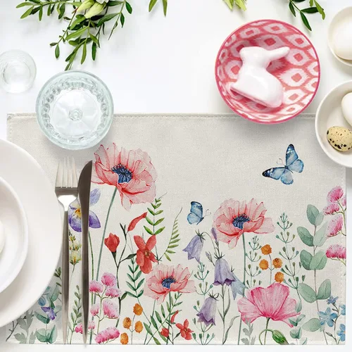 Vista 4 de Seliem Juego de 4 manteles individuales de flores de anémona de primavera, acuarela, rosa, floral, mariposa, comedor, decoración del hogar, cocina