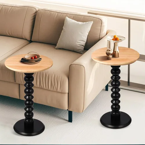 Vista 2 de Mesa auxiliar redonda de madera maciza, mesa pequeña para bebidas para espacios pequeños, mesa auxiliar de pedestal con base de madera, mesa