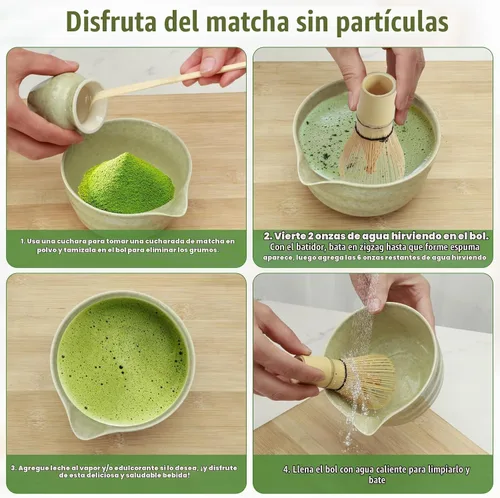 Vista 4 de Kit de fabricación de matcha de 4 piezas, cuenco de cerámica, batidor y cuchara de bambú, tamiz de matcha y soporte