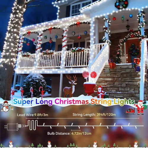 Vista 2 de Luces de Navidad para exteriores, 403 pies, 1000 luces LED, 8 modos y función de memoria con temporizador, luces de hadas parpadeantes, IP44, Blanco