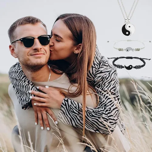 Vista 4 de Peutlhomy Juego de 6 piezas de collar Yin Yang a juego para mujer, collares Yin y Yang, pulseras Yin Yang Tai Chi anillo para amistad, novio, novia