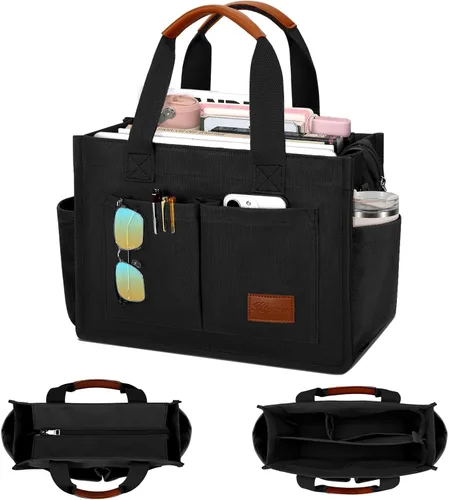 Vista 8 de Bolso grande de lona con compartimentos y cremallera para mujer de KKXIU, bolso cruzado, de trabajo, bíblico, de mensajero con bolsillos
