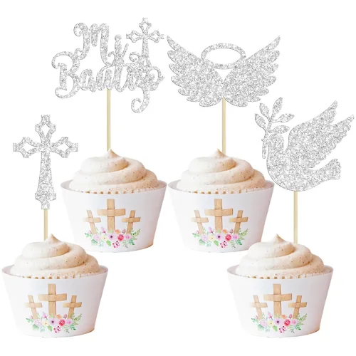 Vista 14 de Gyufise 24 piezas de decoración de pastel de Dios bendiga y decoración de bautizo para cupcakes, cruces de Dios bendiga, adornos de cupcake